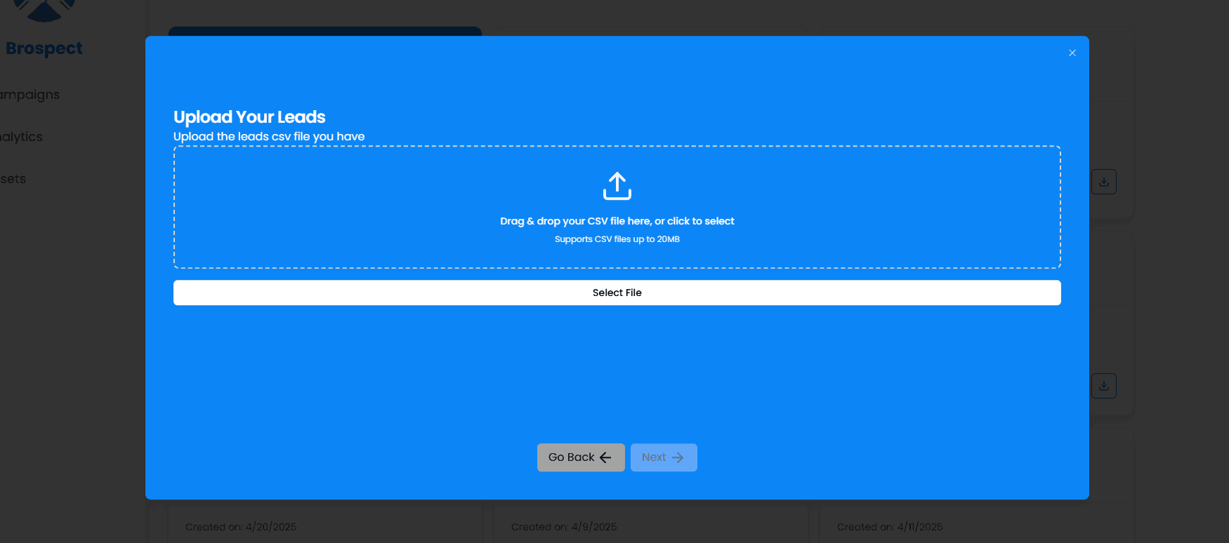 Lead list upload interface